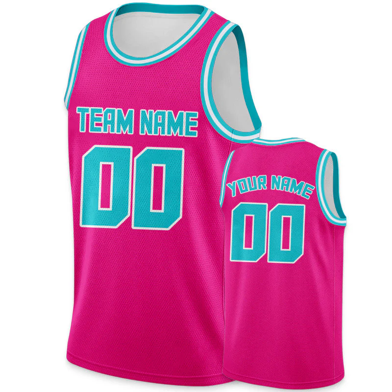 Custom Pink Aqua-White Round Neck Rib-Knit Basketball Jersey
