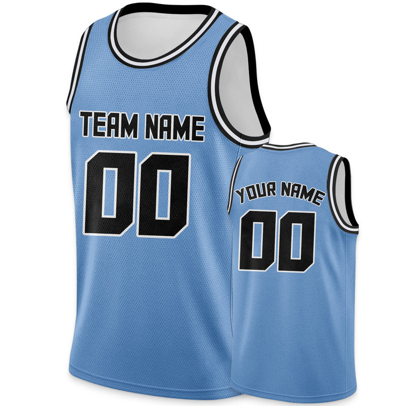 Custom Light Blue Black Round Neck Rib-Knit Basketball Jersey