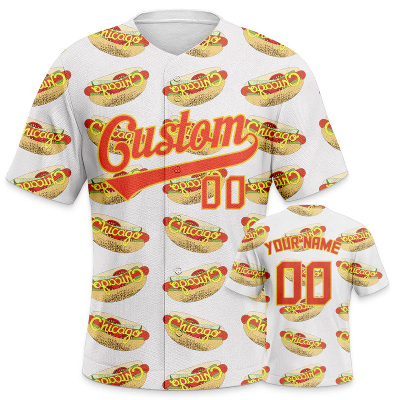 Custom Gold White-Red 3D Pattern Design  Hot dog  Authentic Baseball Jersey