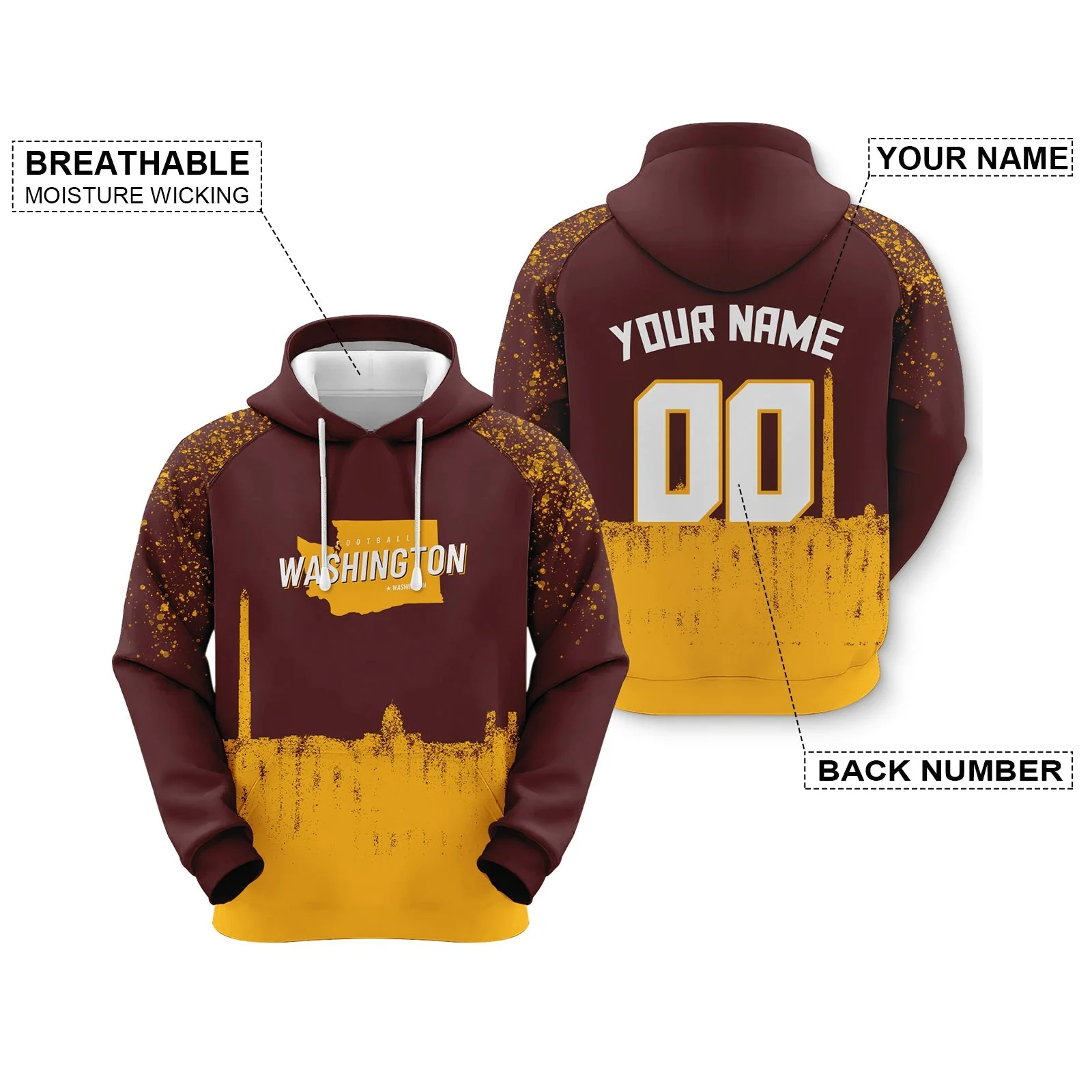 Custom Sports Pullover Sweatshirt Football  Graffiti City Map Washington Fashion Hoodie